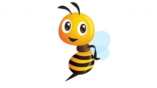 Cartoon cute bee pointing to empty space on white background animation