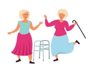 Old people of the grandmother dance throwing away a cane and a walker. The older man is having fun. Vector illustration isolated on a white background.