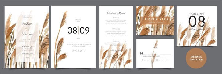Set of Wedding Invitation, floral invite, thank you, rsvp rustic card design with gold foil decoration. Vector elegant modern template, trendy cover, graphic poster, retro brochure, design template - obrazy, fototapety, plakaty