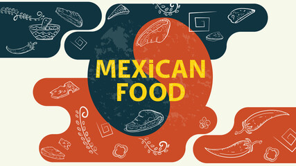 Illustration sketch for the design balance sign with the inscription Mexican food tortillas tacos hot chili pepper sprigs of plants