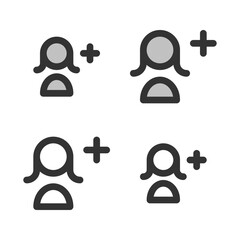 Pixel-perfect linear icon of adding female user built on two base grids of 32 x 32 and 24 x 24 pixels. The initial base line weight is 2 pixels. In two-color and one-color versions. Editable strokes