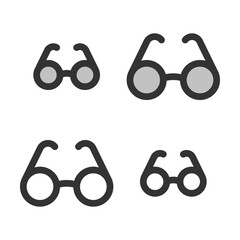 Pixel-perfect  linear  icon of spectacles built on two base grids of 32 x 32 and 24 x 24 pixels. The initial base line weight is 2 pixels. In two-color and one-color versions. Editable strokes