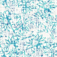 Blue mottled glitch linen texture background. Seamless abstract textile effect. Distressed aqua melange dye pattern. Coastal cottage decor, modern sail fashion, soft furnishing repeat cloth 
