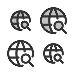 Pixel-perfect linear icon of global search  built on two base grids of 32x32 and 24x24 pixels. The initial base line weight is 2 pixels. In two-color and one-color versions. Editable strokes