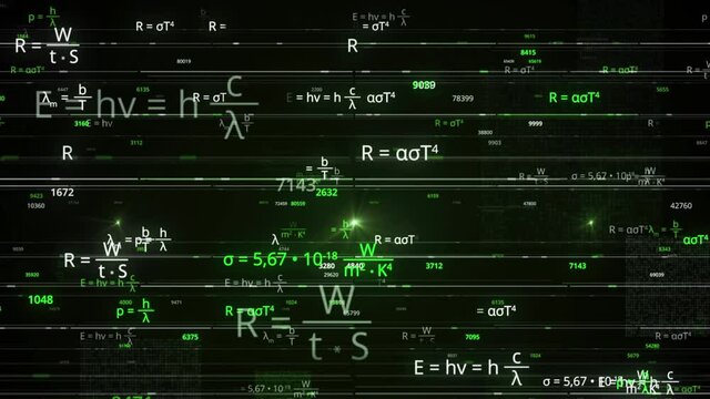 Concept of science and teaching exact sciences in educational institutions. Animation. Endless quantity of colorful different formulas written randomly on black screen, seamless loop.