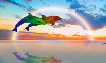 Two dolphins in rainbow colors jumping on the water with amazing rainbow in the background at sunset
