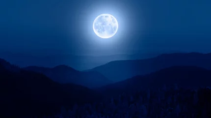 Foto op Plexiglas Beautiful landscape with blue misty silhouettes of mountains against super blue moon "Elements of this image furnished by NASA" © muratart
