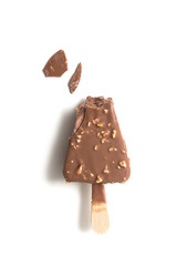 Closeup of chocolate ice cream on white background