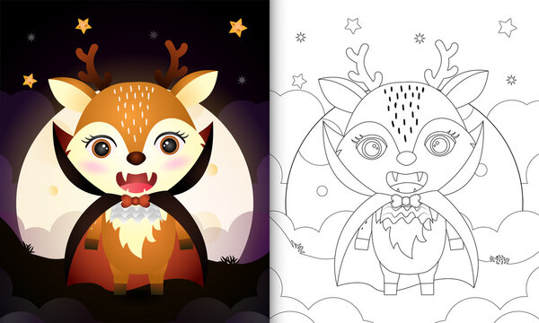 coloring book with a cute deer using costume dracula halloween