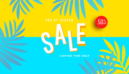 Fototapeta na wymiar End of season summer sale banner, hot season discount poster on yellow background. Promotion banner for website, flyer and poster