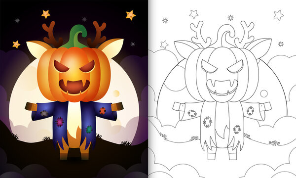 coloring book with a cute deer using costume scarecrow and pumpkin halloween