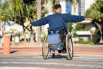 happy disabled person with open arms, as airplane on the street.