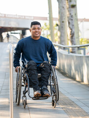 disabled black man leaving train station in the morning.