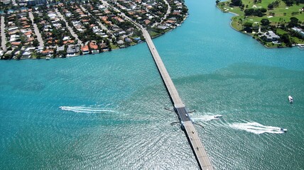 Aerial shot of Broad Causeway Drawbridge in Miami, Florida