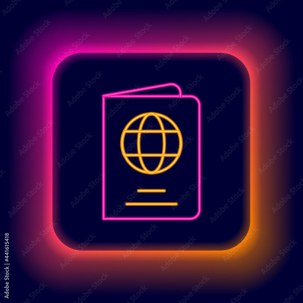 Poster glowing neon line passport with biometric data icon isolated on black background. identification doc