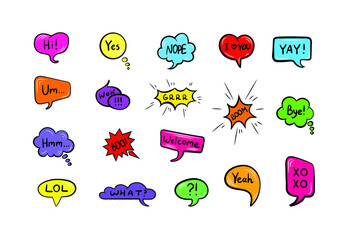 Vector set of talk bubbles with handwritten words, colorful design elements set.
