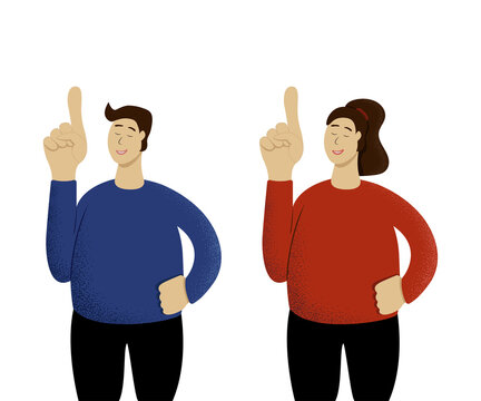 Vector illustration of an adult man and woman pointing finger up with the fave of approval, closed eyes and smiling