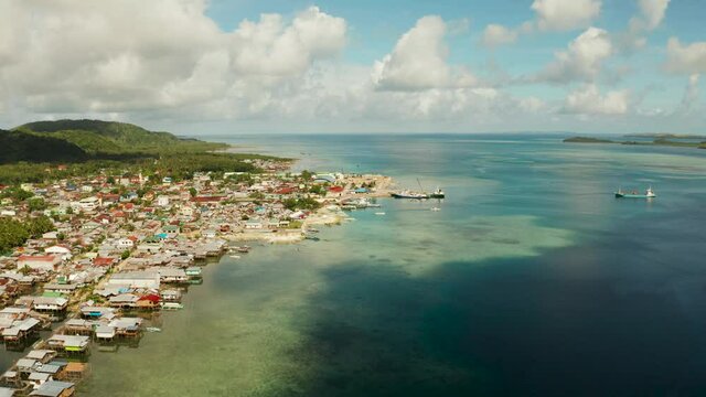 Dapa city with a port among the lagoons and islands. Dapa Ferry Terminal. Siargao, Philippines.