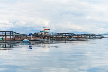 A view along a Salmon Farm in the Firth of Lorn opposite Oban, Scotland on a summers day