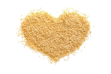 Dry organic brown rice seed in heart shape on white background, for clean or healthy food lover concept