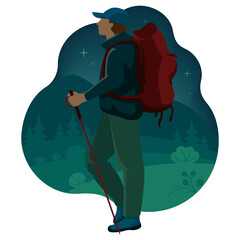 The tourist travels the mountains at night. Vector illustration on white background.