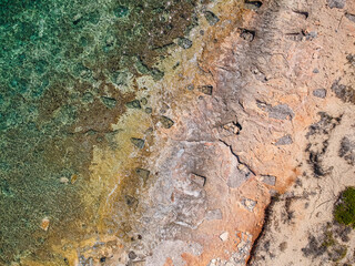 Iconic aerial view over the oldest submerged lost city of Pavlopetri in Laconia, Greece. About 5,000 years old Pavlipetri is the oldest city in the Mediterranean sea