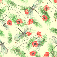 Fototapeta na wymiar Watercolor Vintage seamless pattern.With a picture - a branch of spruce,dragonfly, Pine, fir-tree and cedar. pattern of pine branches. flower poppy. Floral background. packaging, paper,shawl 