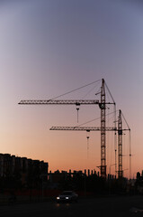 Silhouettes high rise cranes against blue pink sunset sky.