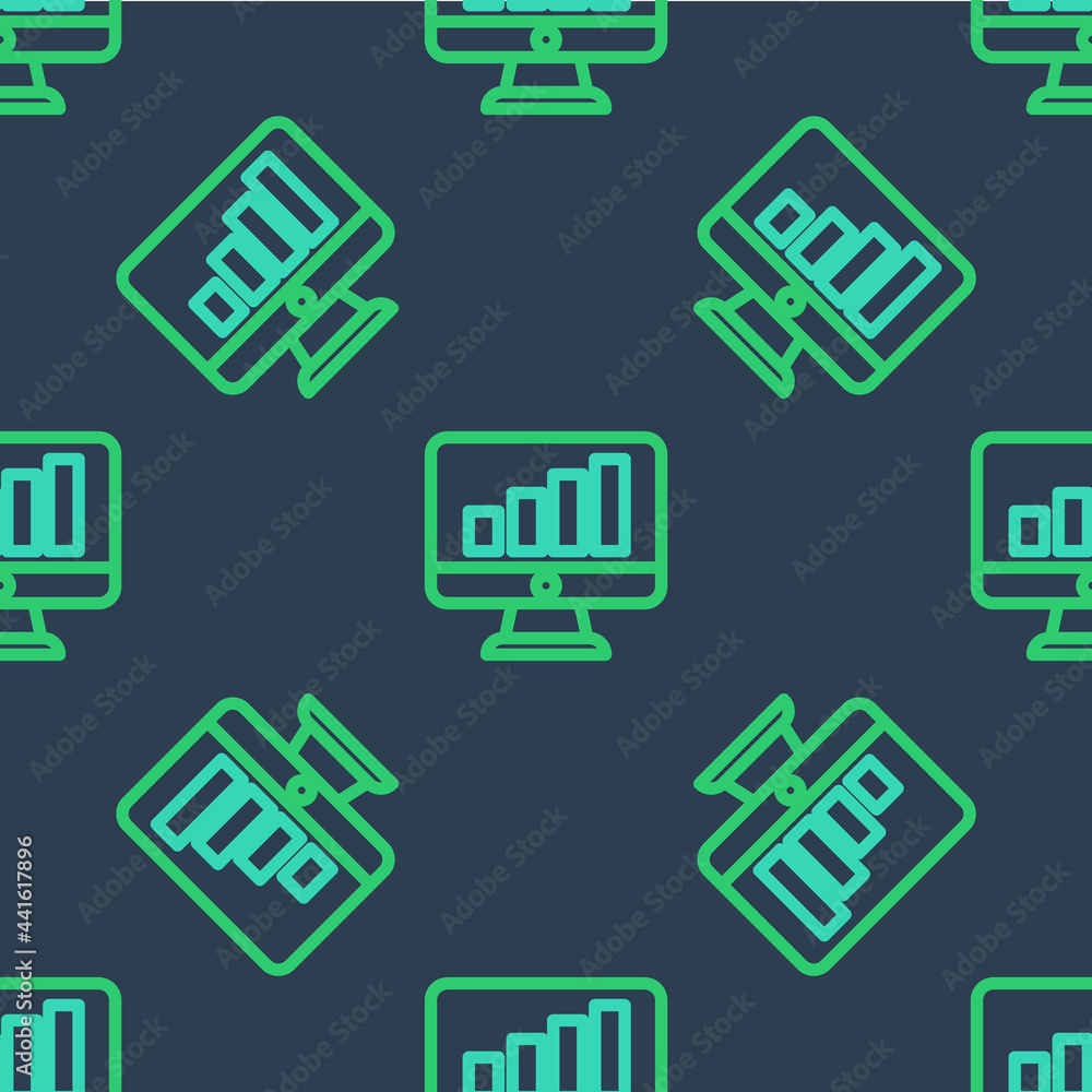 Poster line computer monitor with graph chart icon isolated seamless pattern on blue background. report tex