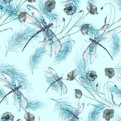 Watercolor Vintage seamless pattern.With a picture - a branch of spruce,dragonfly, Pine, fir-tree and cedar. pattern of pine branches. flower poppy. Floral background. packaging, paper,shawl 