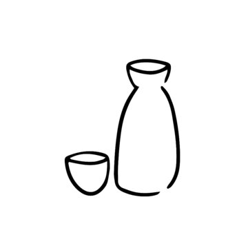 Hand drawn illustration of sake cup and a bottle in simple icon drawing 