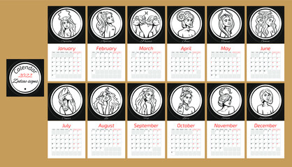 Calendar 2022 with zodiac signs.