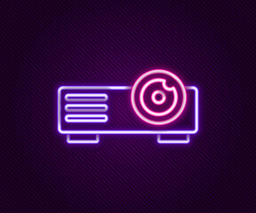 Glowing neon line Presentation, movie, film, media projector icon isolated on black background. Colorful outline concept. Vector