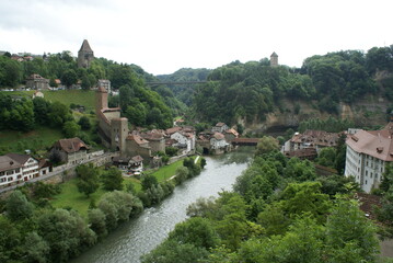 Fototapeta na wymiar Aerial view of Fribourg Old Town, the river Sarine and Pont de Berne bridge