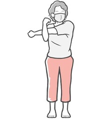 マスク 腕伸ばし　中年女性　ストレッチ　外