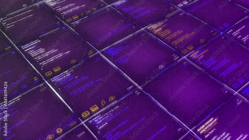 Poster streaming digital data abstraction with numbers and letters in rows of square shapes. animation. vio
