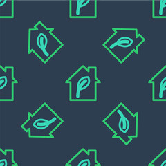 Line Eco friendly house icon isolated seamless pattern on blue background. Eco house with leaf. Vector