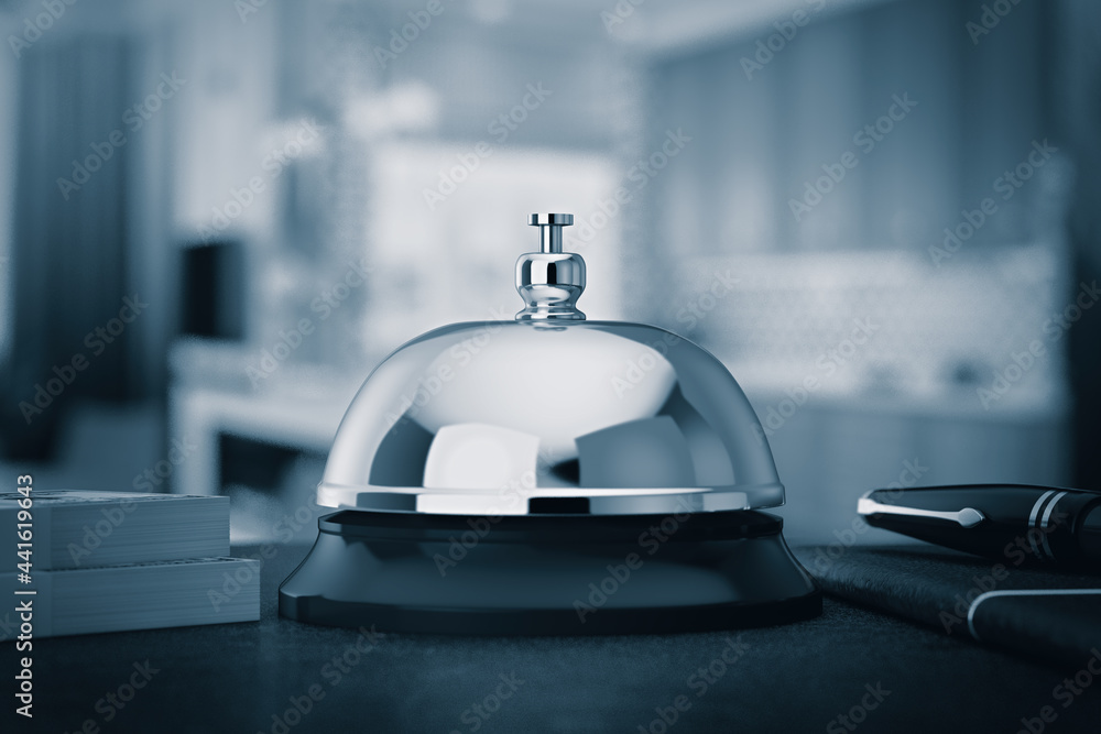 Poster reception ring alarm service bell on a table in blue key. 3d rendering