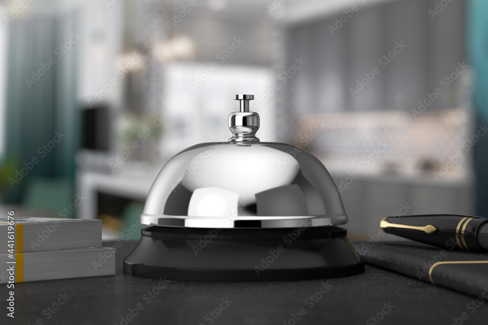 Poster reception ring alarm service bell on a table. 3d rendering