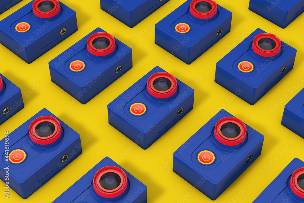 Poster rows of small ultra hd blue and red action camera. 3d rendering