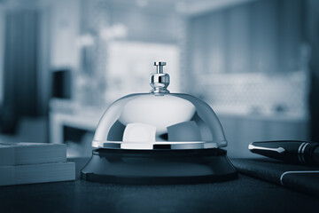 Reception Ring Alarm Service Bell on a Table in Blue Key. 3d Rendering - obrazy, fototapety, plakaty