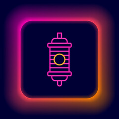 Glowing neon line Chinese paper lantern icon isolated on black background. Colorful outline concept. Vector