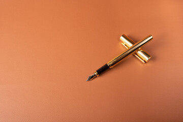 Fountain pen, beautiful details of a fountain pen exposed on a leather surface, selective focus.