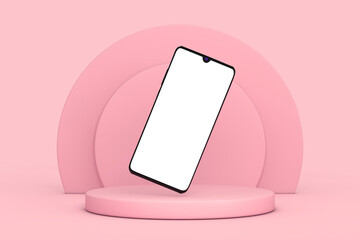 Modern Mockup Mobile Phone with Blank Screen for Your design over Pink Cylinders Products Stage Pedestal. 3d Rendering