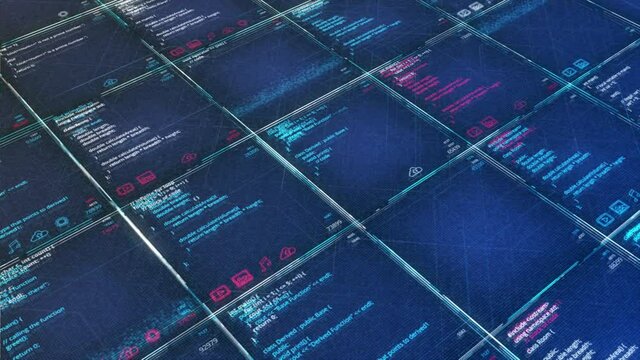 Abstract spyware scanning and analysing digital data on blue background, seamless loop. Animation. Harmful program and digital security concept.