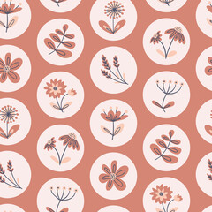 Flowers in circles on turquoise background hand-drawn childish seamless pattern - Spring floral for fabric, wrapping, textile, wallpaper, background.