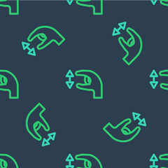 Line Human standing and showing the size of something with his hands icon isolated seamless pattern on blue background. Approximate measurements. Vector