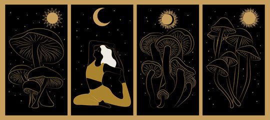 Vector set of linear Boho Mushrooms, stars, moon, and sun -  folk art design elements for social media or logo design templates in modern minimalist style.