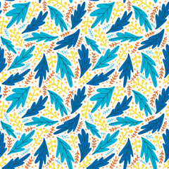 Seamless pattern in blue and yellow colors with abstract leaves on white background. berry, dots, doodle style