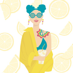 Girl in swimsuit and sunglasses with turquoise hair holds a glass of lemonade in her hands. Bright, multicolored summer banner. Design for advertising summer drinks and festivals. Vector illustration.
